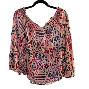 Emily Wonder Boho Tribal Print Off The Shoulder Bell Sleeve Blouse Top Women's L